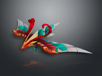 Colorful Phoenix With Red Green Yellow Feathers Spread Wings Ornate Design Dark Background 3d model