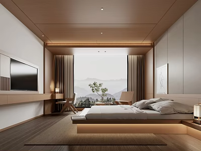 Minimalist Hotel Room Interior With Wooden Ceiling Large Bed And Mountain View Through Window 3d model