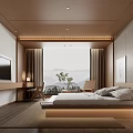Minimalist Hotel Room Interior With Wooden Ceiling Large Bed And Mountain View Through Window