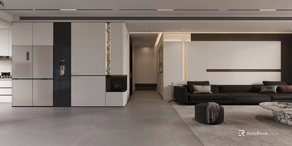 Modern Minimalist Open Living And Dining Interior With Sleek Custom Storage Cabinets And Comfortable Sofa 3d model 