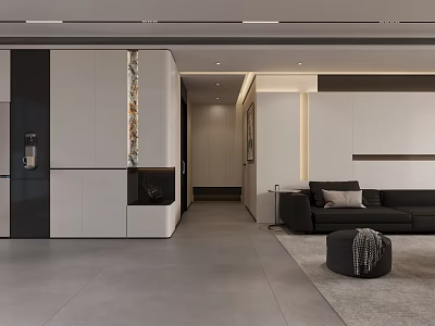 Modern Minimalist Open Living And Dining Interior With Sleek Custom Storage Cabinets And Comfortable Sofa 3d model