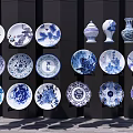 Traditional Blue And White Ceramic Wares Porcelain Plates Vases And Decorative Items Displayed On Wall