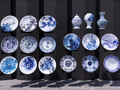 Traditional Blue And White Ceramic Wares Porcelain Plates Vases And Decorative Items Displayed On Wall 3d model