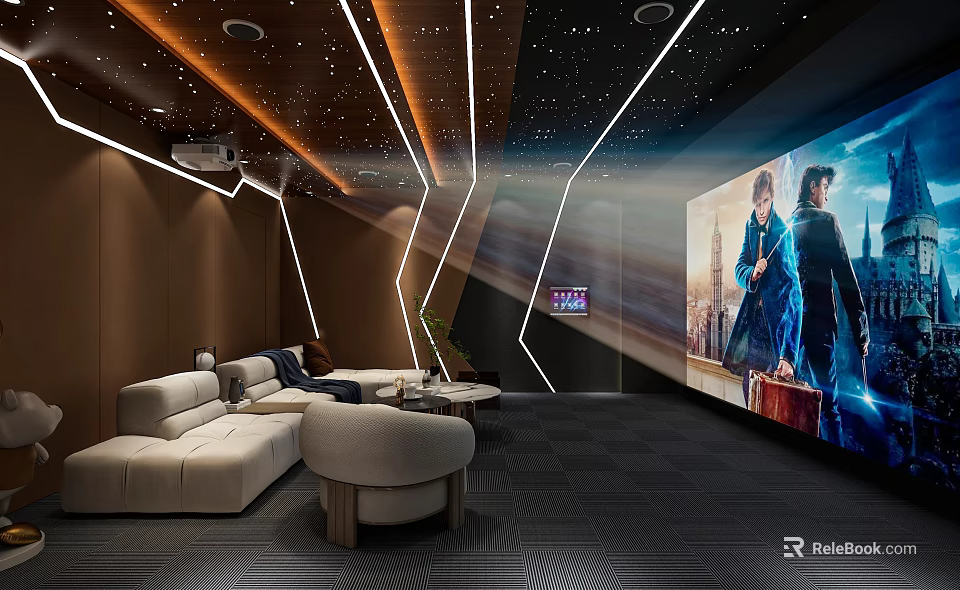 Modern Home Theater With Large Projection Screen Comfortable Sofa And Ambient Lighting 3d model 