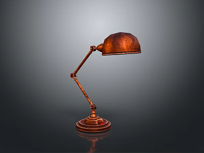 Vintage Copper Table Lamp With Curved Arm And Round Metal Base 3d model