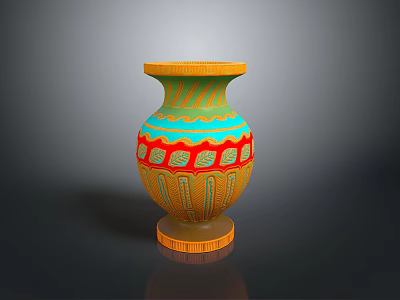 Handcrafted Carved Vase Sculpture With Yellow Green Red Decorative Patterns And Base 3d model