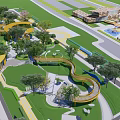 Park Landscape With Winding Paths Circular Structure Water Features And Lush Greenery 3d model