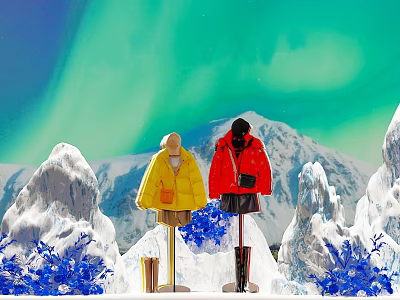 Mannequins Wearing Yellow Red Jackets Against Aurora Snowy Mountains Landscape With Blue Plants 3d model