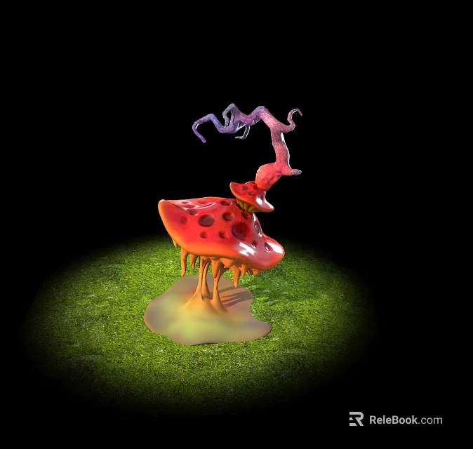Cartoon Scene With Red Spotted Mushroom Dripping Yellow Liquid Purple Pink Tentacles On Green Grass 3d model 