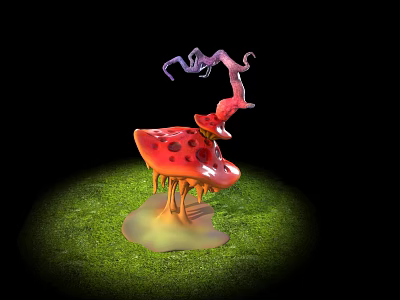 Cartoon Scene With Red Spotted Mushroom Dripping Yellow Liquid Purple Pink Tentacles On Green Grass 3d model