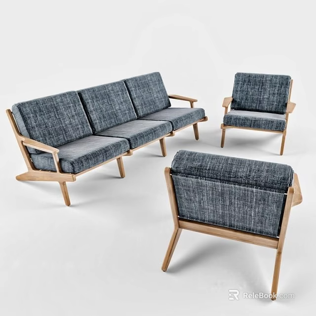 Modern Sofa Set With Gray Fabric Upholstery Wooden Frame Three Seater Sofa And Two Armchairs 3d model 