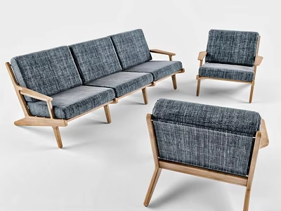 Modern Sofa Set With Gray Fabric Upholstery Wooden Frame Three Seater Sofa And Two Armchairs 3d model