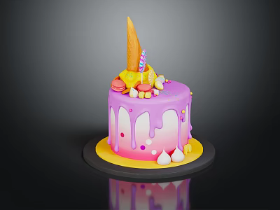 Decorated Cake With Purple Pink Gradient Dripping Icing Topped With Ice Cream Cone Macarons Candle 3d model