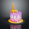 Decorated Cake With Purple Pink Gradient Dripping Icing Topped With Ice Cream Cone Macarons Candle