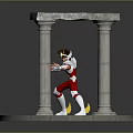 Warrior in Red White Costume Striking Battle Pose by Ancient Stone Pillars on Round Platform