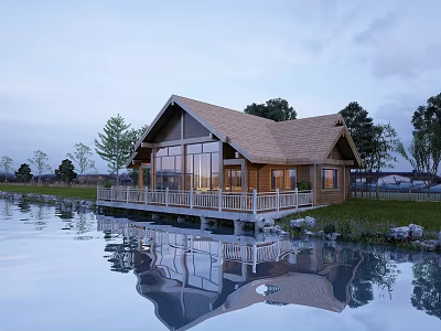 Scenic Lakefront Wooden Cabin with Deck Water Reflection and Surrounding Trees 3d model
