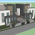 Modern Semi Detached Villa Exterior With Glass Windows White Dark Gray Facade Lawn Driveway