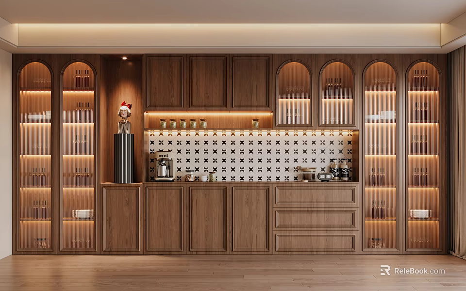 Wooden Sideboard with Glass Door Cabinets Interior Lighting Displayed Items on Countertop and Warm Ambiance 3d model 