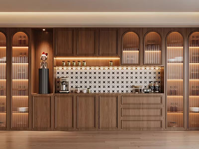Wooden Sideboard with Glass Door Cabinets Interior Lighting Displayed Items on Countertop and Warm Ambiance 3d model