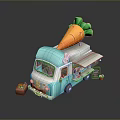 Cute Blue And White Food Truck With Large Carrot On Top And Chalkboard Menu