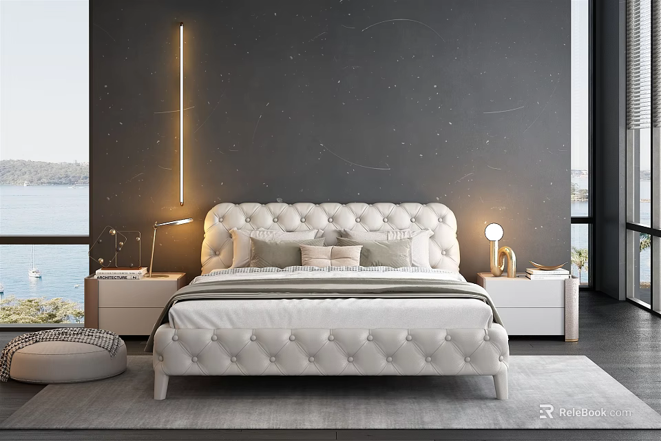 Luxurious Tufted White Bed With Dark Wall Vertical Light Bedside Tables Water View Soft Rug 3d model 
