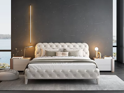 Luxurious Tufted White Bed With Dark Wall Vertical Light Bedside Tables Water View Soft Rug 3d model