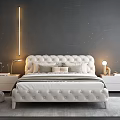 Luxurious Tufted White Bed With Dark Wall Vertical Light Bedside Tables Water View Soft Rug