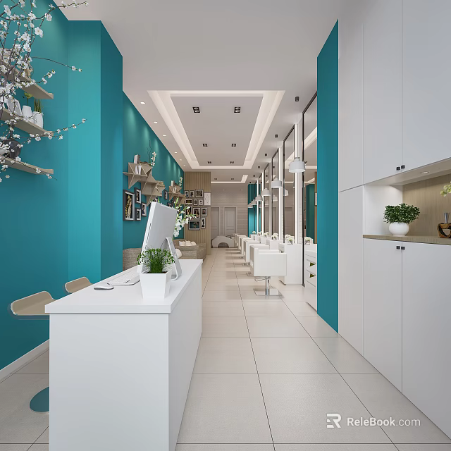 Modern Beauty Hair Salon Interior With Turquoise Walls White Counter Mirrors And Salon Chairs 3d model 