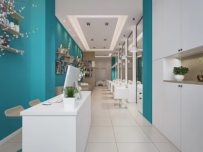 Modern Beauty Hair Salon Interior With Turquoise Walls White Counter Mirrors And Salon Chairs 3d model