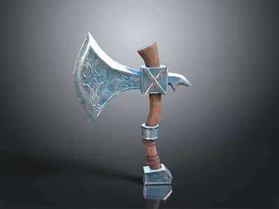 Medieval Battle Axe with Intricate Metallic Head Carvings Wooden Handle And Metal Base 3d model