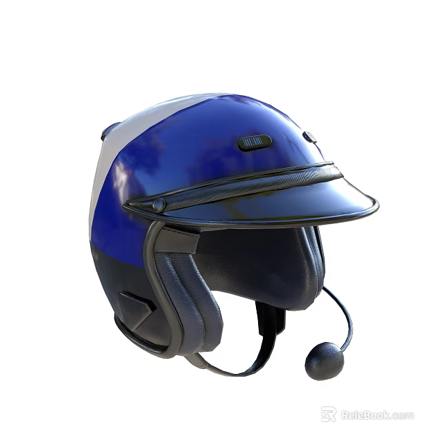 Durable Blue And White Safety Helmet With Black Visor And Microphone 3d model 