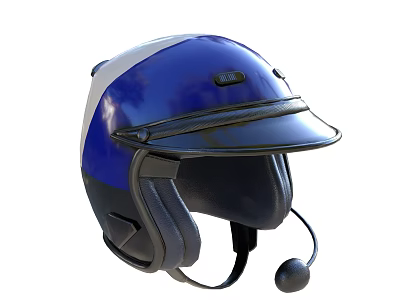 Durable Blue And White Safety Helmet With Black Visor And Microphone 3d model