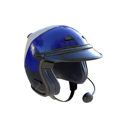 Durable Blue And White Safety Helmet With Black Visor And Microphone 3d model
