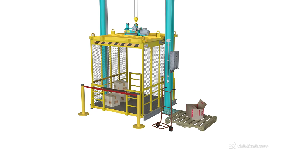 Industrial Equipment With Yellow Frame Blue Columns Safety Netting Boxes Cart Wooden Pallets Red Railings 3d model 
