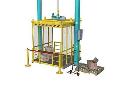 Industrial Equipment With Yellow Frame Blue Columns Safety Netting Boxes Cart Wooden Pallets Red Railings 3d model