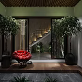 Modern Living Room Interior Design With Wooden Ceiling LED Lights Dark Sofa And Decorative Art