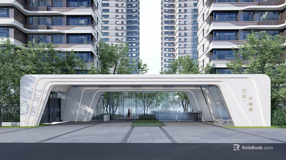Modern Residential Entrance Gate With Curved Design Glass Walls And Trees Near High Rise Buildings 3d model 