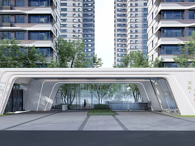 Modern Residential Entrance Gate With Curved Design Glass Walls And Trees Near High Rise Buildings 3d model
