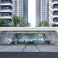 Modern Residential Entrance Gate With Curved Design Glass Walls And Trees Near High Rise Buildings