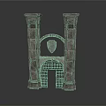 Medieval Stone Gate Structure With Two Pillars Shield Emblem And Iron Gate 3d model