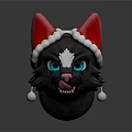 Cartoon Black Cat Head Wearing Red Santa Hat With White Pompom Trim Blue Eyes Pink Nose