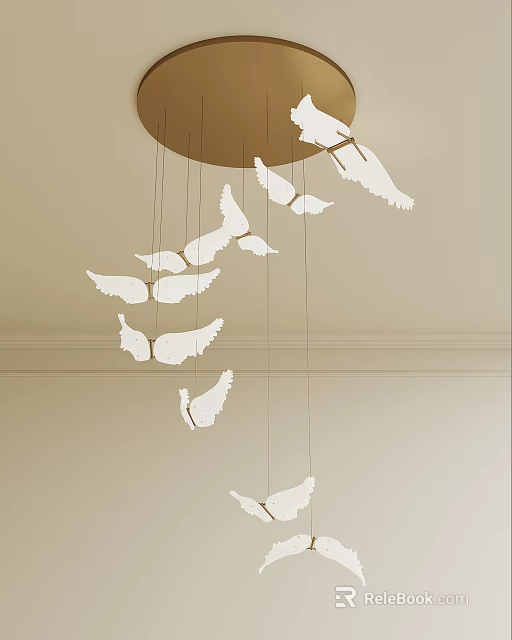 White Wing Shaped Decorations Chandelier Hanging From Ceiling With Light Colored Walls And Simple Lines 3d model