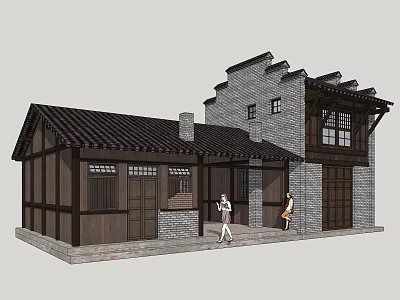Traditional Chinese Commercial Complex With Wooden Structure Tile Roof And Pedestrian Flow 3d model