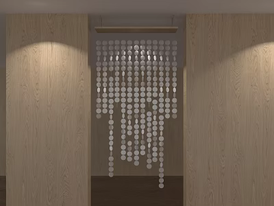 Decorative Circular Silver Pendants Hanging Between Wooden Pillars 3d model
