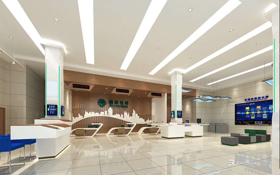 Modern Spacious Service Hall Interior Design With Service Counters Waiting Area And Digital Screens 3d model 