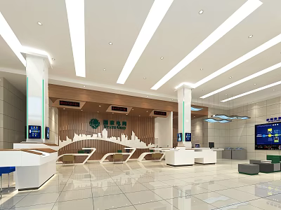 Modern Spacious Service Hall Interior Design With Service Counters Waiting Area And Digital Screens 3d model