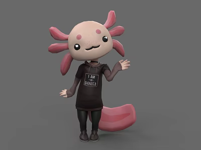 Cute Pink Cartoon Axolotl Wearing Black T Shirt With I AM AWESOME Smiling Waving Hand 3d model