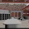 Interior With Flower Adorned Ceiling Orange Walls Stone Bookshelf Wooden Tables And Refrigerated Cases