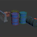 Blue And Green Industrial Barrels With Road Barrier And Cardboard Box