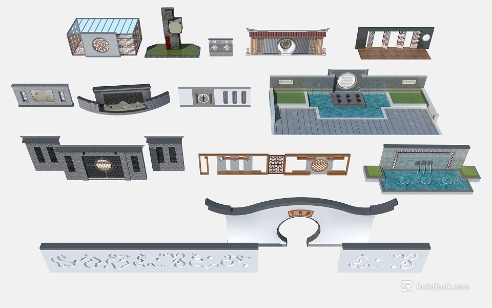 Various Landscape Wall Designs With Carved Patterns Archways And Water Features 3d model